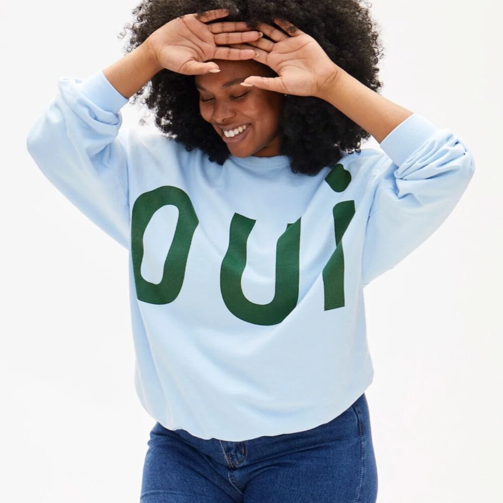 Clare V Light Blue Sweatshirt with Green 'oui' Graphic size medium